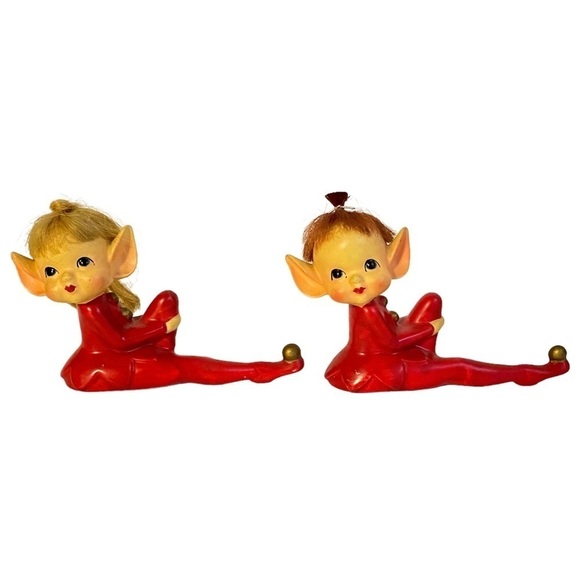 Vintage Pixie Elf Figurines Mid Century Red Ceramic Knee Hugger Elves Holiday - Picture 1 of 12